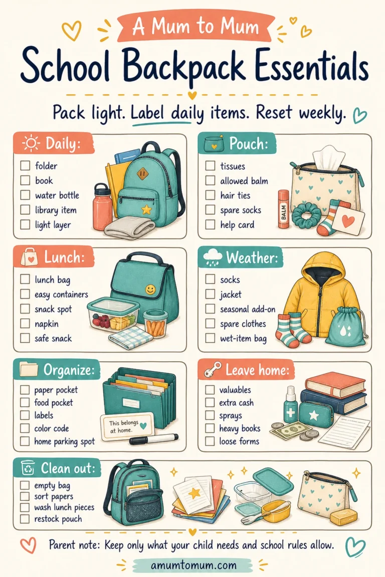 Master printable checklist of school backpack essentials for elementary kids.