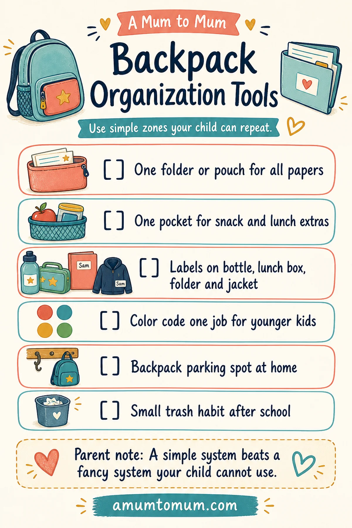 School Backpack Essentials for Elementary Kids 6 Backpack organization tools printable checklist for elementary school kids.