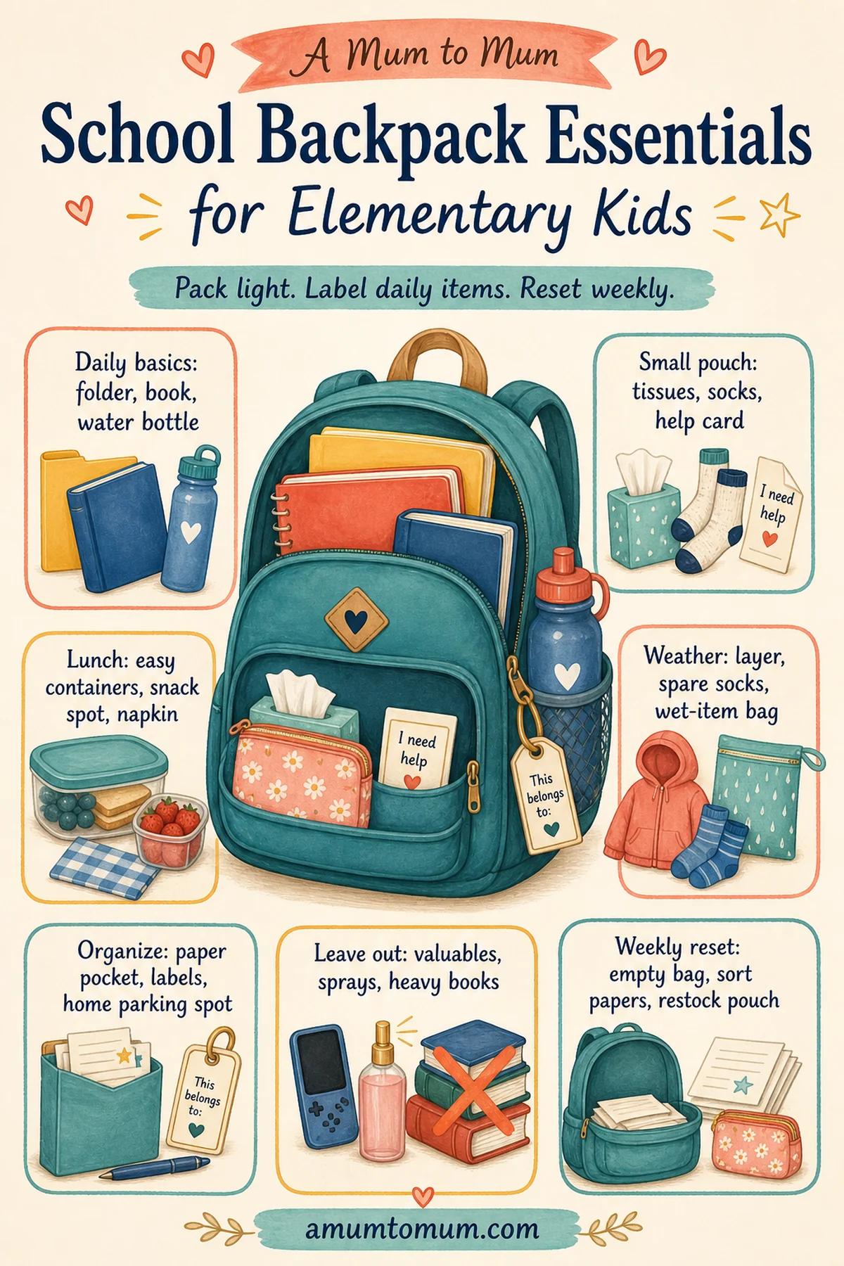 School Backpack Essentials for Elementary Kids 1 Illustrated overview of school backpack essentials for elementary kids.