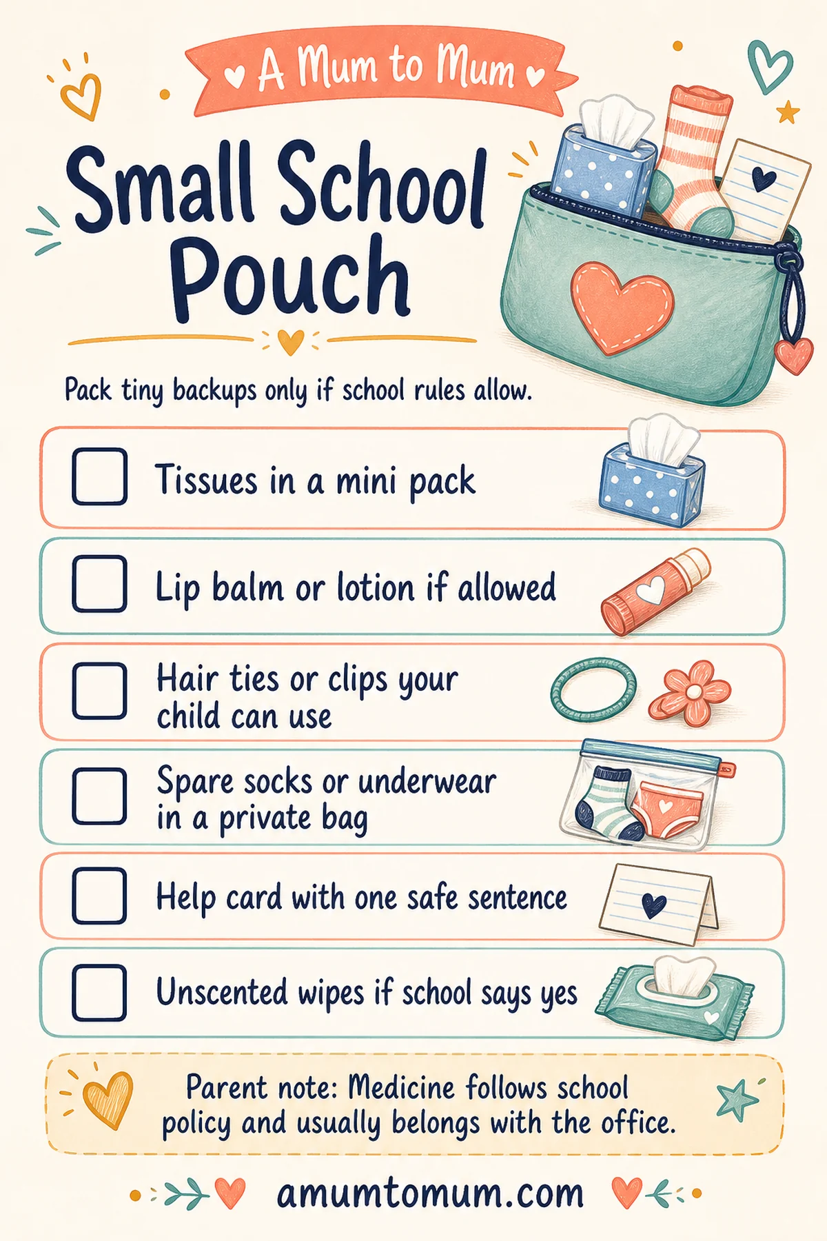 School Backpack Essentials for Elementary Kids 3 Small school pouch printable checklist for allowed elementary backpack backups.