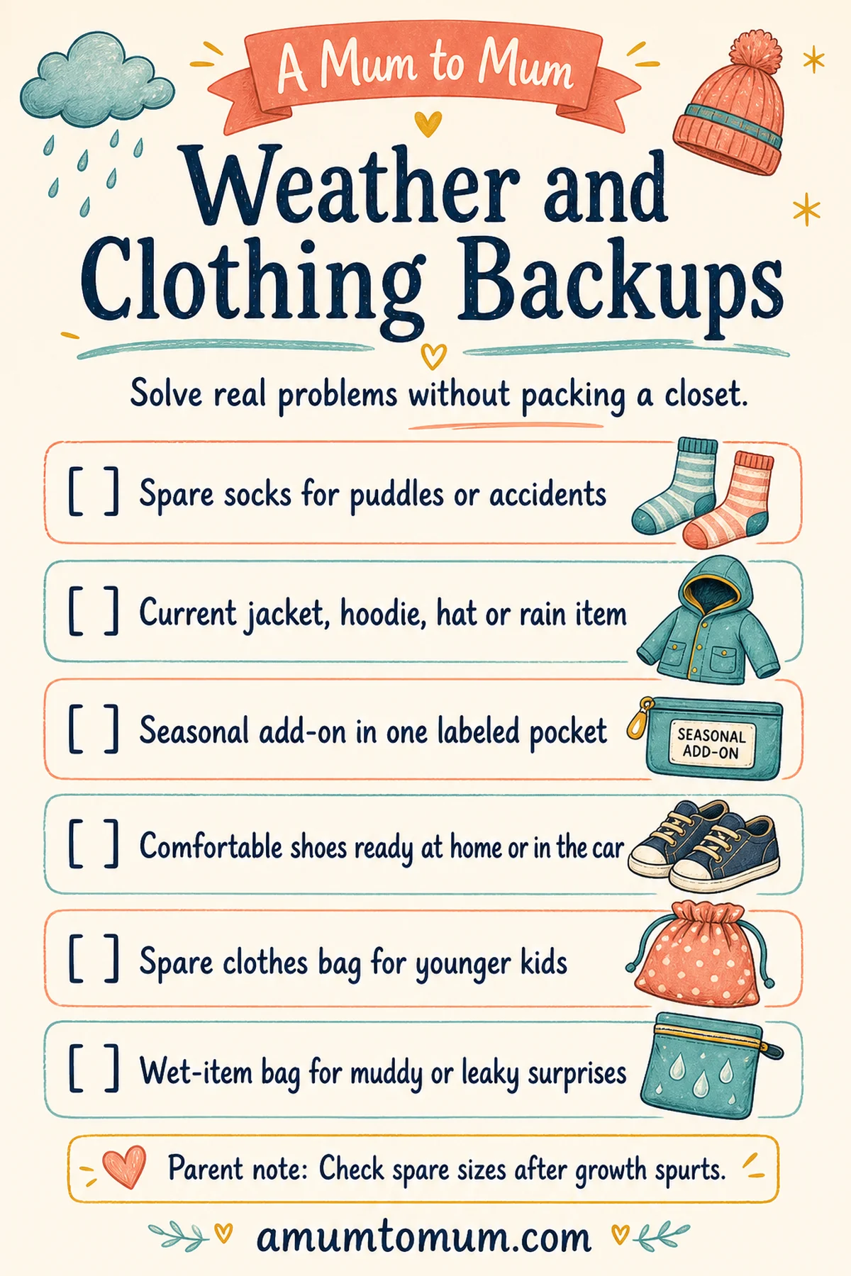 School Backpack Essentials for Elementary Kids 5 Weather and clothing backups printable checklist for elementary school backpacks.