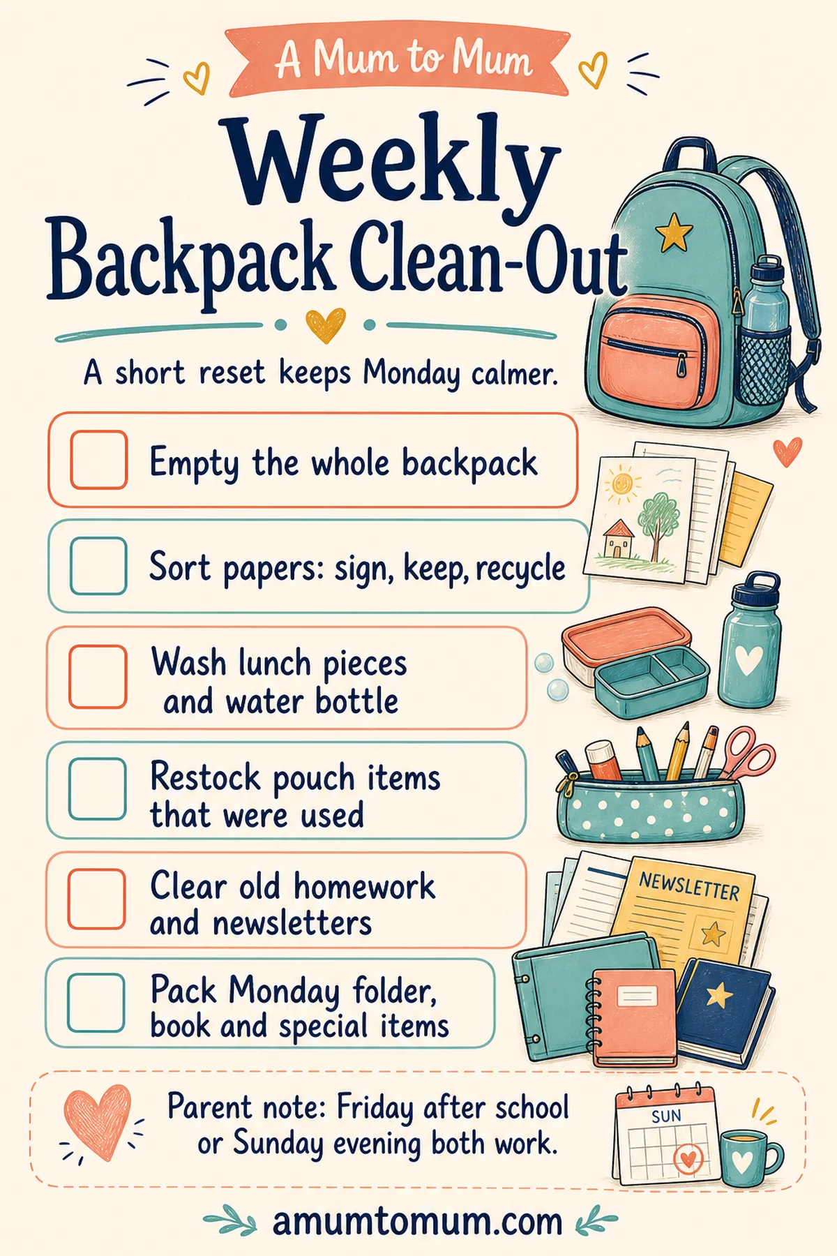 School Backpack Essentials for Elementary Kids 8 Weekly backpack clean-out printable checklist for elementary school families.