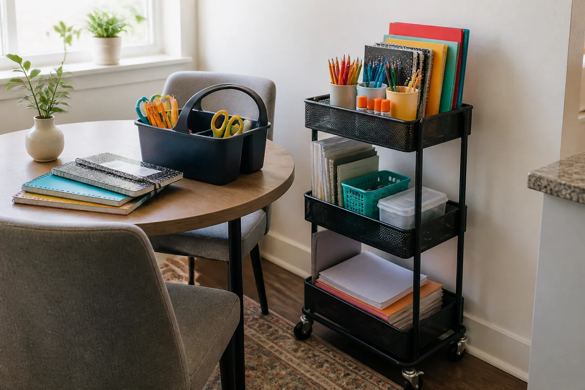 Realistic small-home school supply storage with a rolling cart, homework caddy and organized paper.