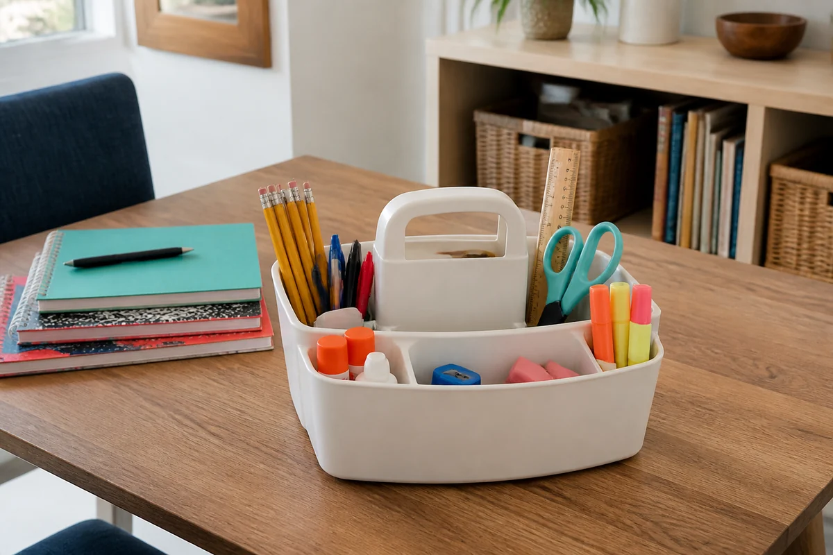 15+ School Supply Storage Ideas for Small Homes 3 Realistic divided homework caddy with pencils, glue sticks, scissors and notebooks on a small dining table.