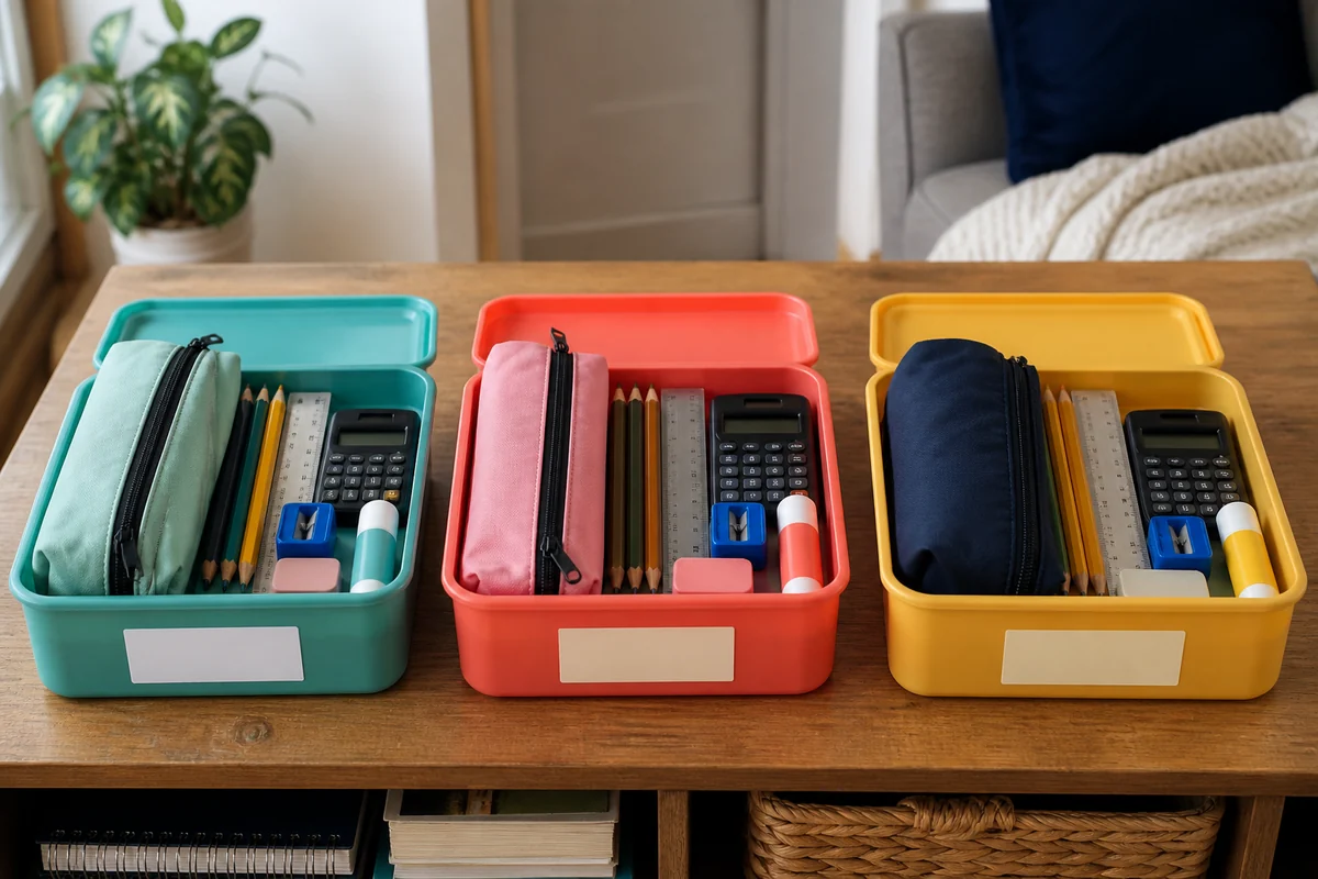 15+ School Supply Storage Ideas for Small Homes 4 Realistic individual homework kits for siblings with pencil boxes and school supplies on a small table.