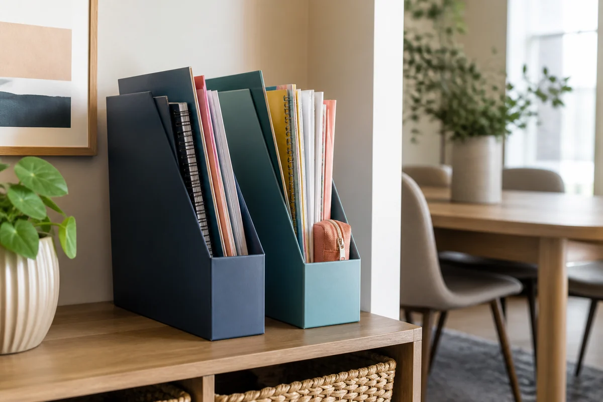 15+ School Supply Storage Ideas for Small Homes 5 Realistic magazine file homework kit holding notebooks, folders and a pencil pouch on a small shelf.