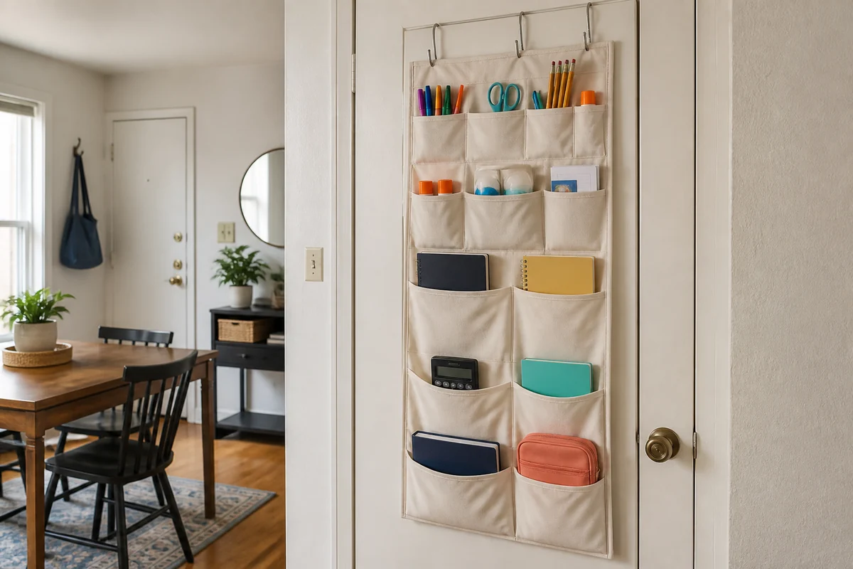15+ School Supply Storage Ideas for Small Homes 6 Realistic over-door pocket organizer holding light school supplies in a small home.