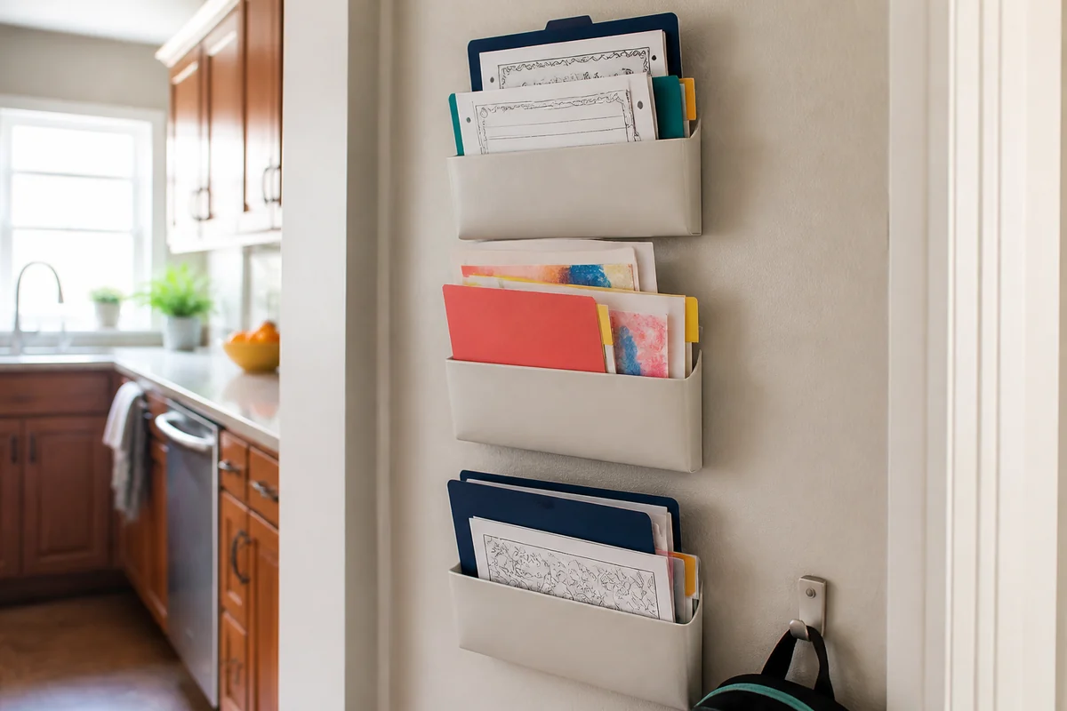 15+ School Supply Storage Ideas for Small Homes 7 Realistic wall-mounted file pockets holding homework sheets, folders and school papers in a small home.