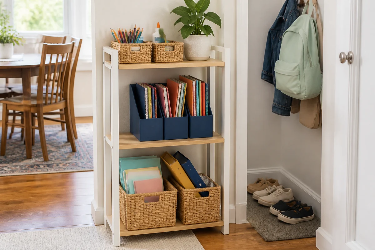 15+ School Supply Storage Ideas for Small Homes 8 Realistic narrow shelf with baskets and magazine holders storing school supplies in a small entry area.