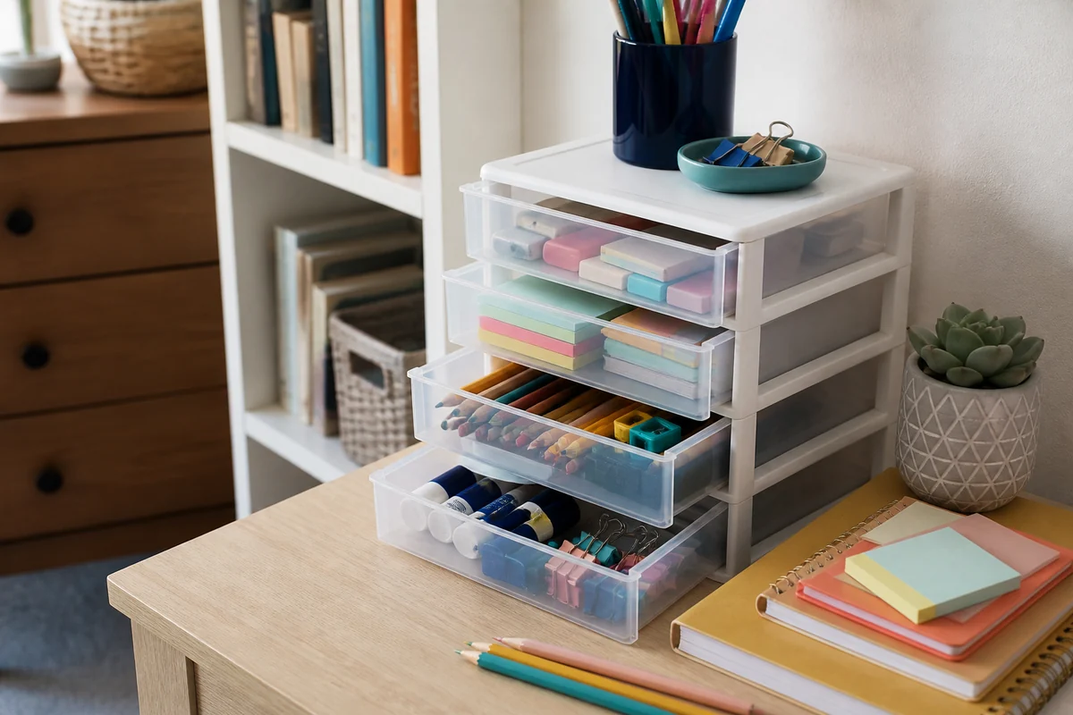 15+ School Supply Storage Ideas for Small Homes 9 Realistic desktop drawer organizer with small school supplies sorted into clear drawers.