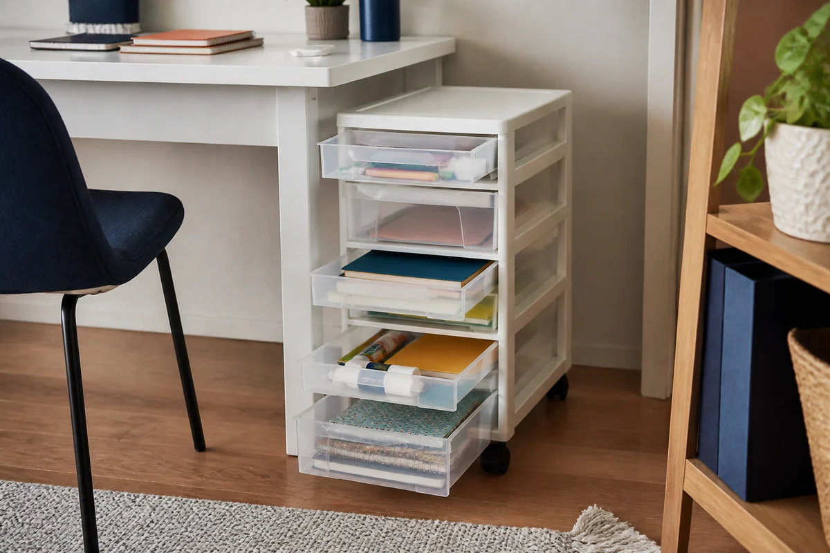 15+ School Supply Storage Ideas for Small Homes 10 Realistic slim rolling drawer unit with paper, notebooks and light school supply refills beside a desk.