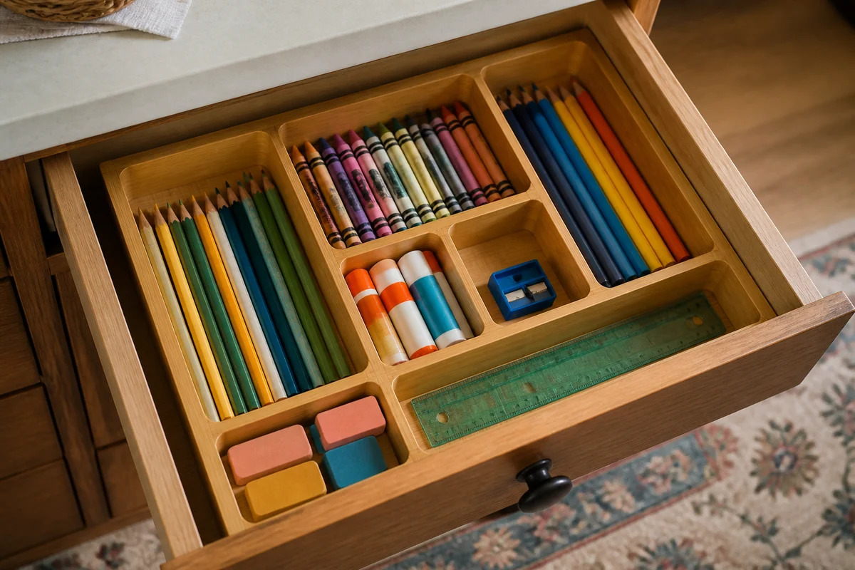 15+ School Supply Storage Ideas for Small Homes 11 Realistic repurposed drawer organizer holding pencils, crayons, glue sticks, erasers and a ruler.