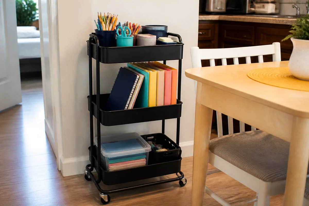 15+ School Supply Storage Ideas for Small Homes 12 Realistic three-tier rolling cart organized with school supplies beside a small kitchen table.