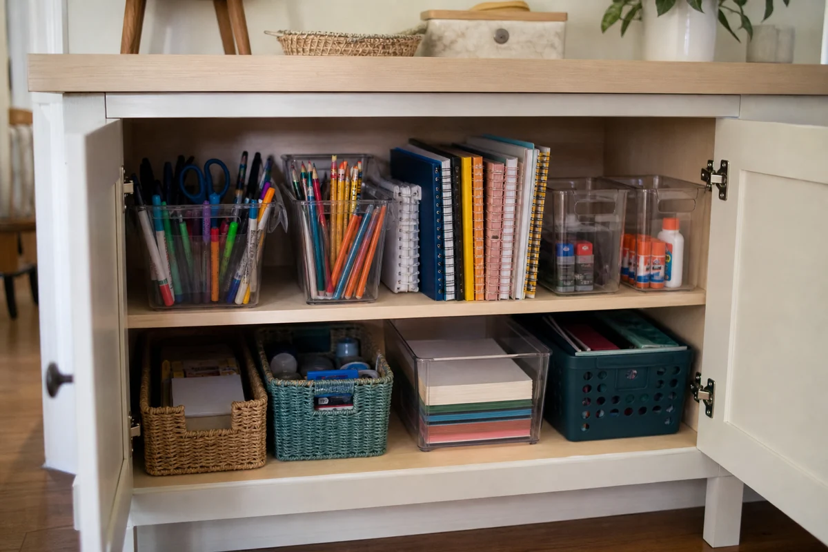 15+ School Supply Storage Ideas for Small Homes 13 Realistic cabinet section with baskets and clear bins storing shared family school supplies.