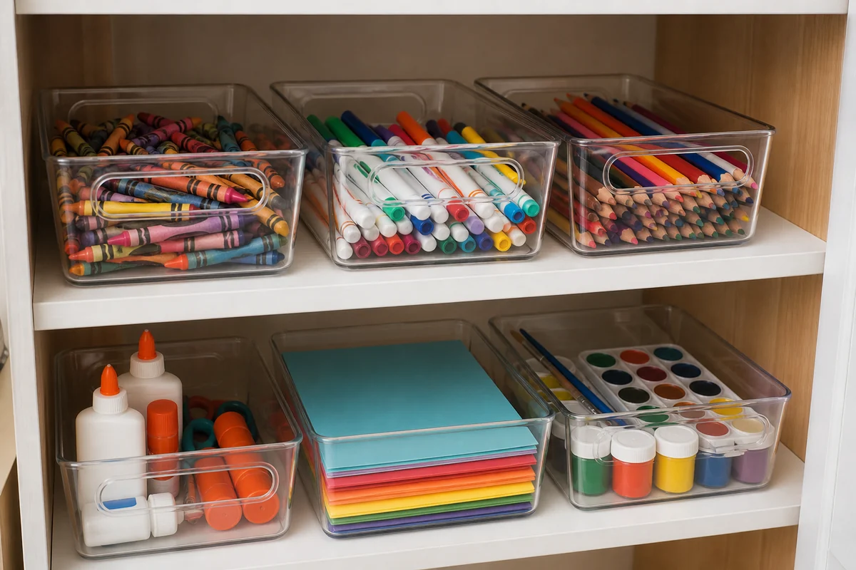 15+ School Supply Storage Ideas for Small Homes 14 Realistic clear bins separating crayons, markers, colored pencils, glue and paper on a small shelf.