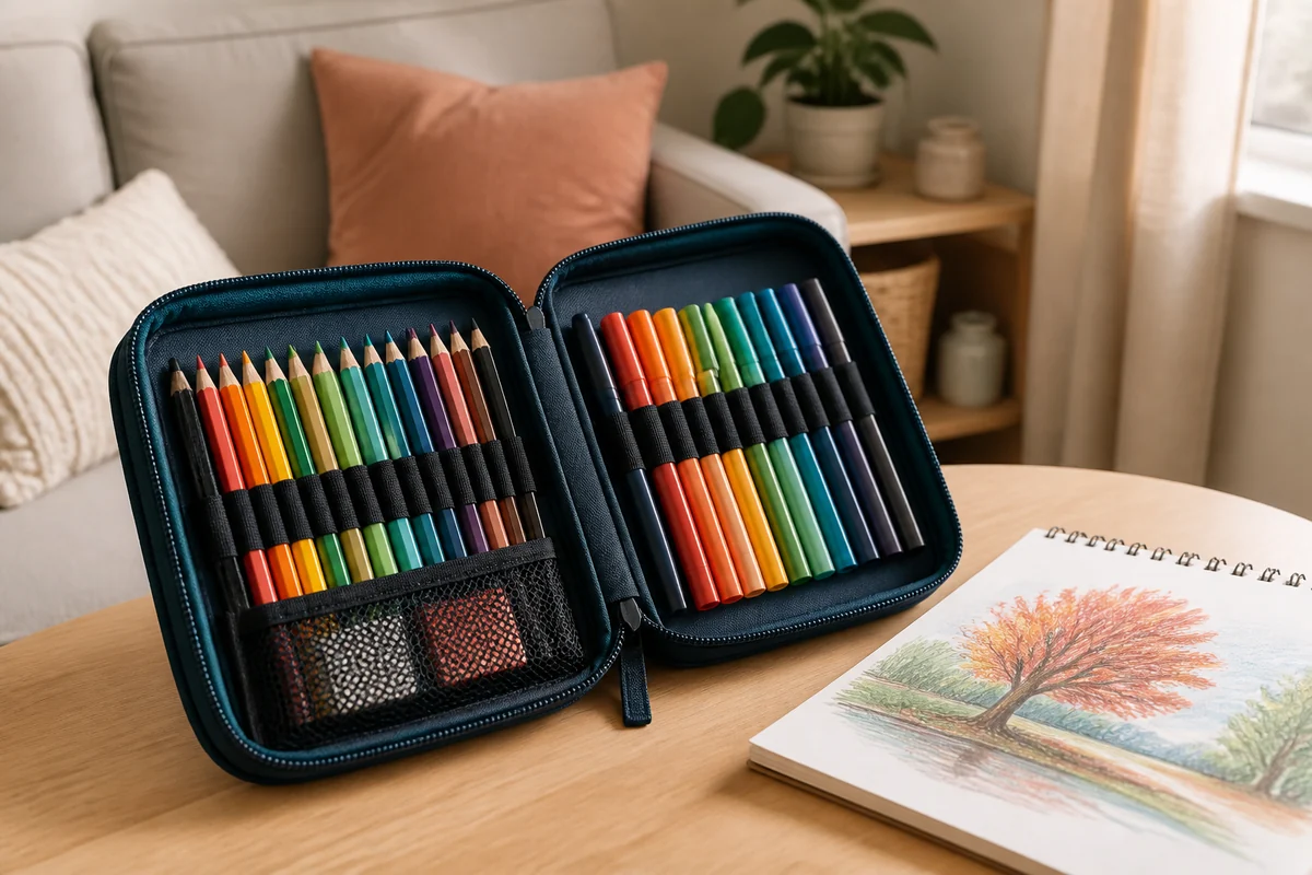 15+ School Supply Storage Ideas for Small Homes 15 Realistic open zippered case holding colored pencils and markers beside a sketchbook.