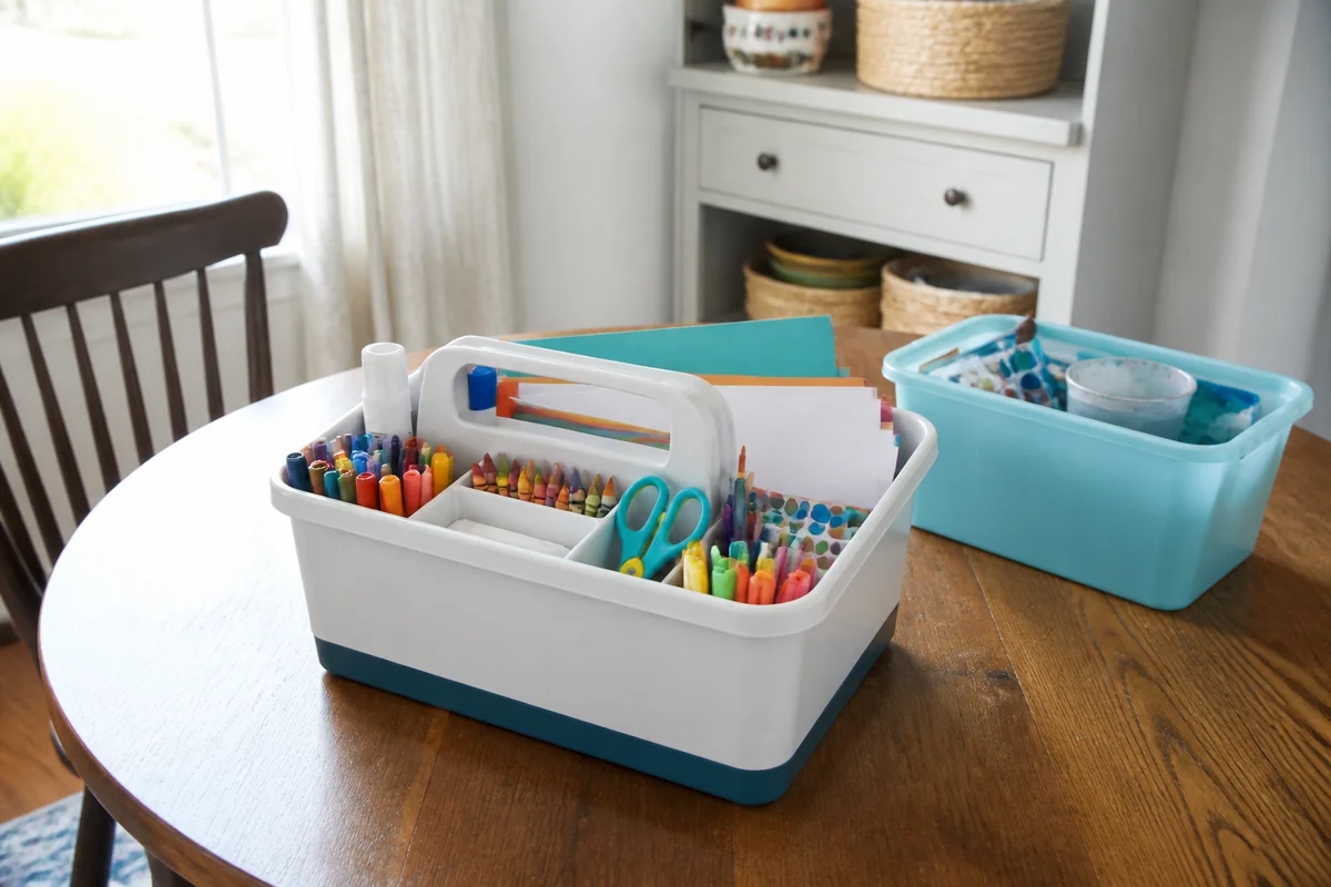 15+ School Supply Storage Ideas for Small Homes 16 Realistic handled art supply caddy with crayons, markers, glue, scissors and paper on a kitchen table.