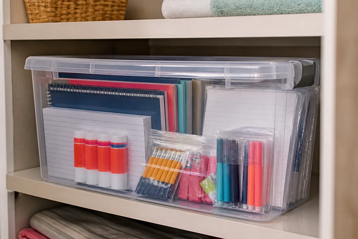 15+ School Supply Storage Ideas for Small Homes 17 Realistic backstock bin holding extra pencils, glue sticks, notebooks, paper and erasers on a shelf.