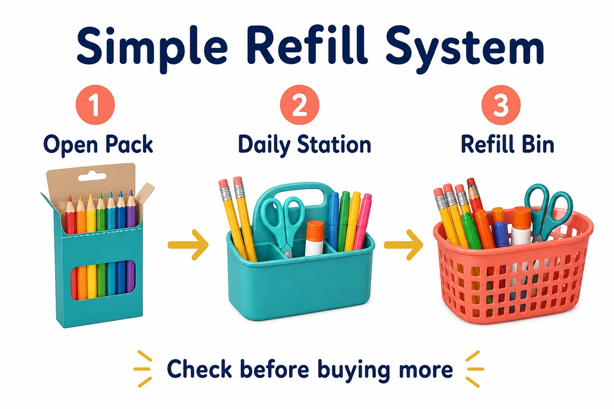 15+ School Supply Storage Ideas for Small Homes 18 White-background infographic showing an open pack, daily station and refill bin for school supplies.
