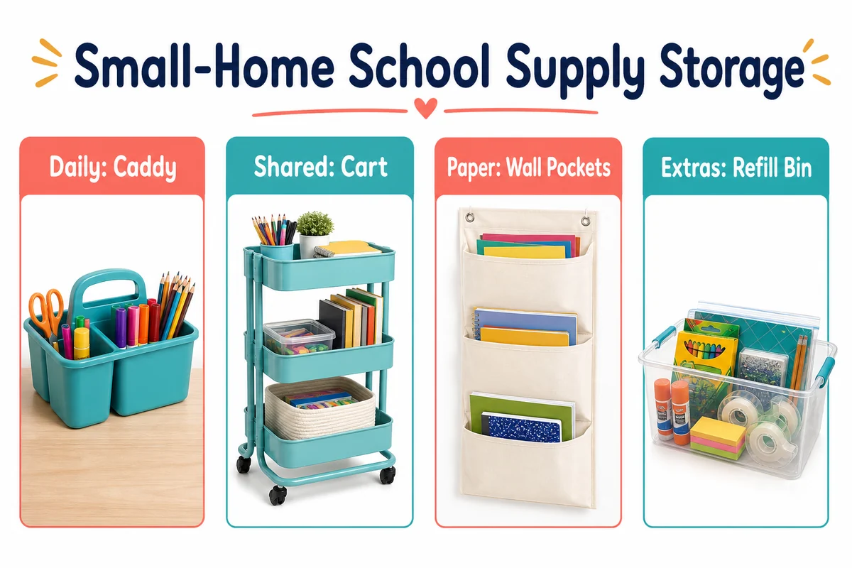15+ School Supply Storage Ideas for Small Homes 2 Infographic comparing small-home school supply storage options for caddies, carts, wall pockets and bins.