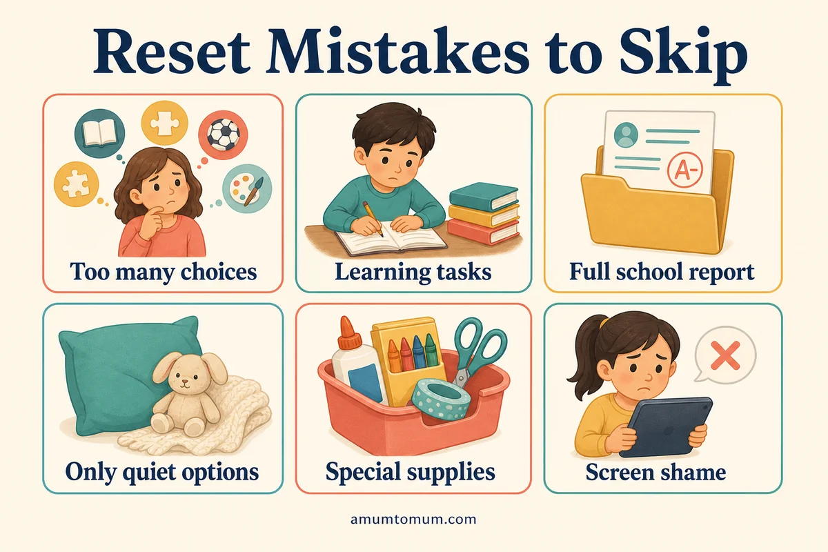 Infographic showing common after-school reset mistakes parents can skip.