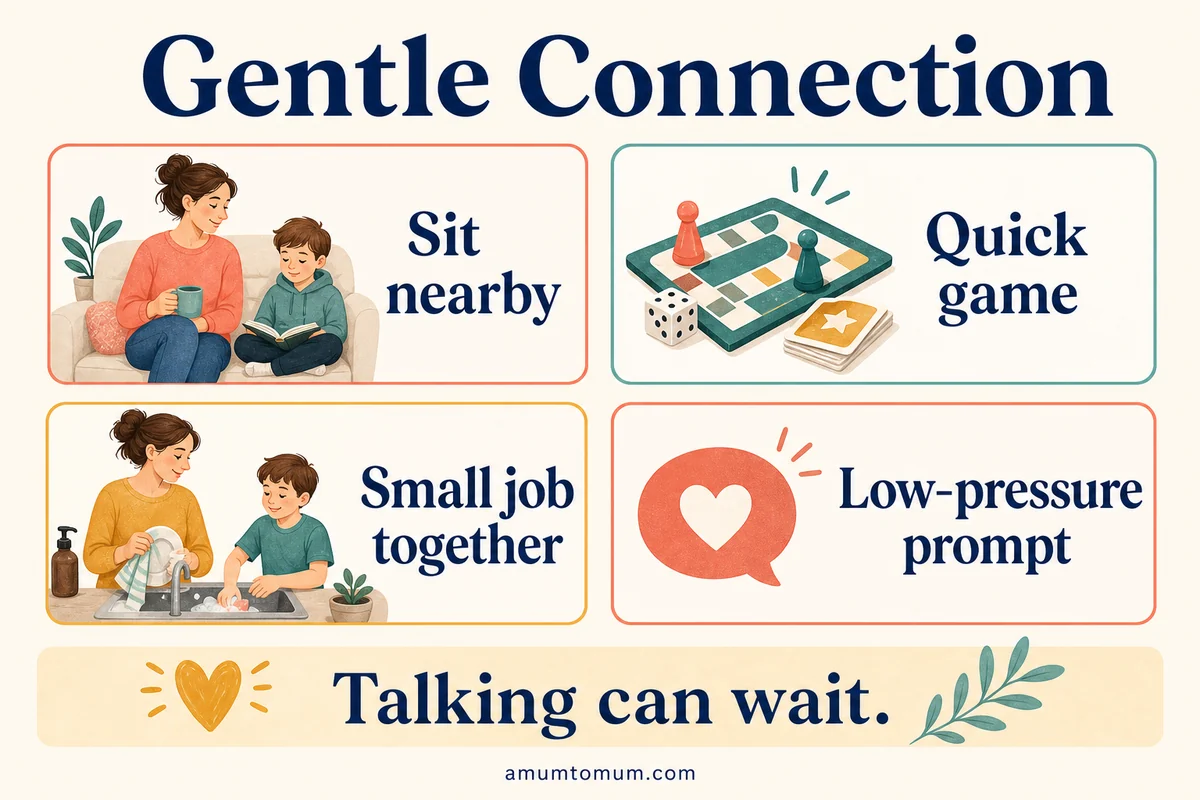 Infographic with gentle ways to reconnect after school without asking lots of questions.