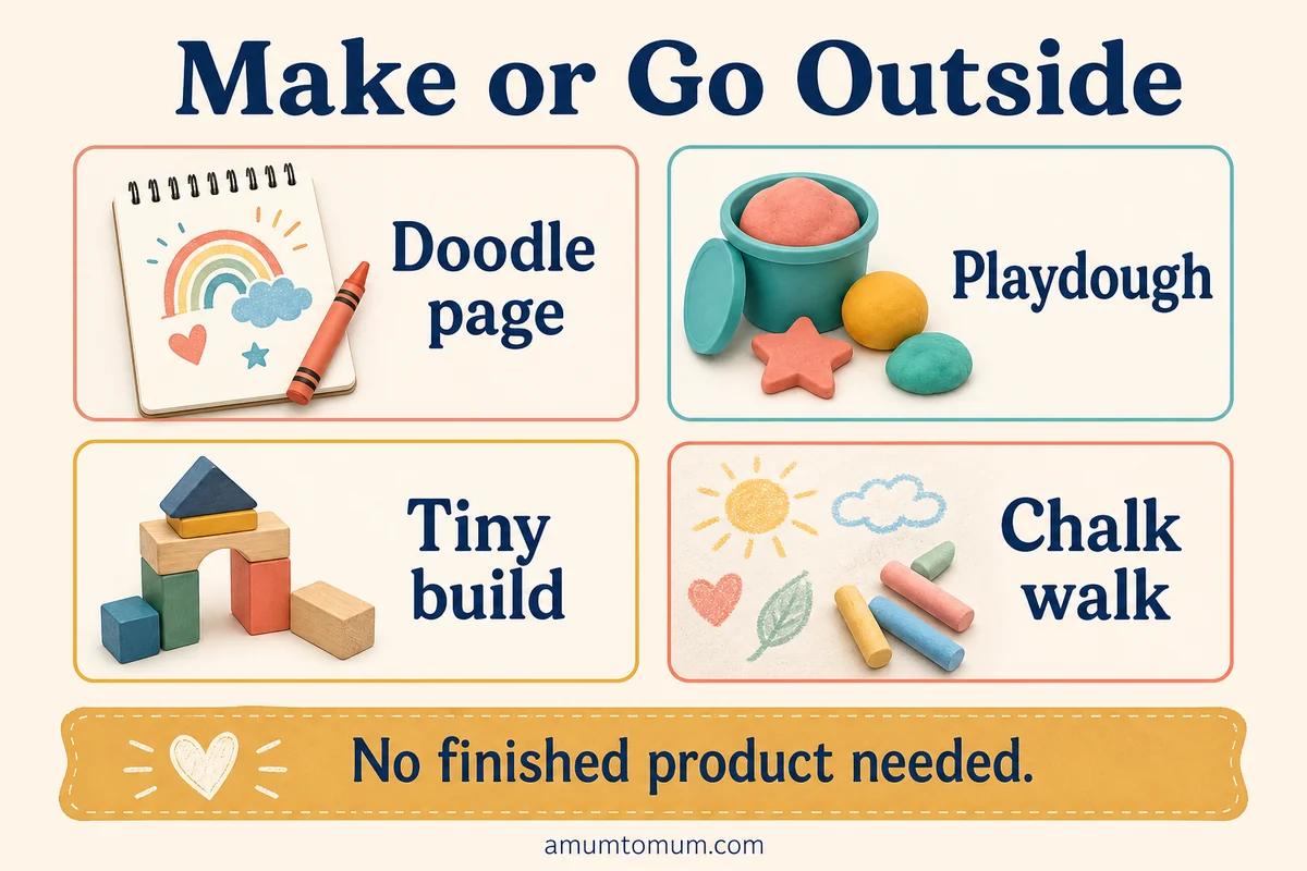 Infographic with simple creative and outdoor reset ideas for tired kids after school.