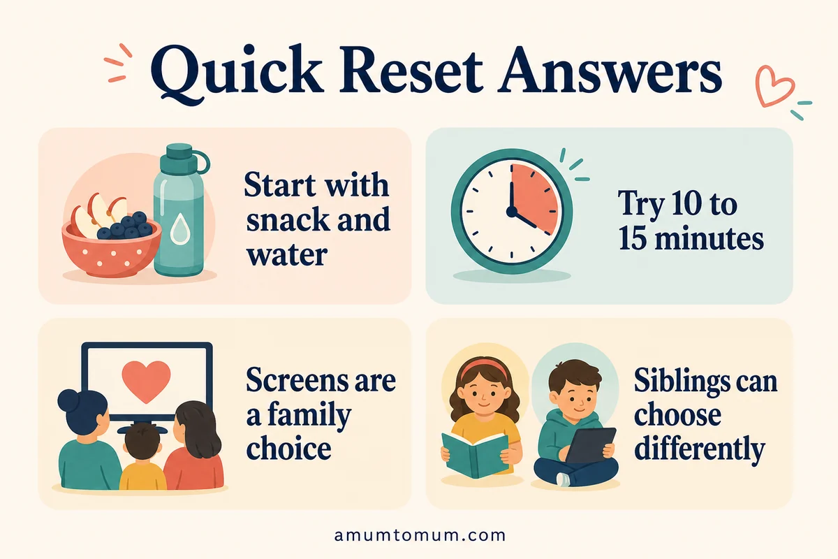 Infographic with quick answers about after-school reset routines for tired kids.