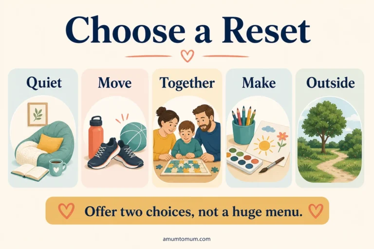 Screen-Free After School Routine for Kids: Easy Reset Ideas 20 After-school reset menu infographic with quiet, move, together, make and outside choices.