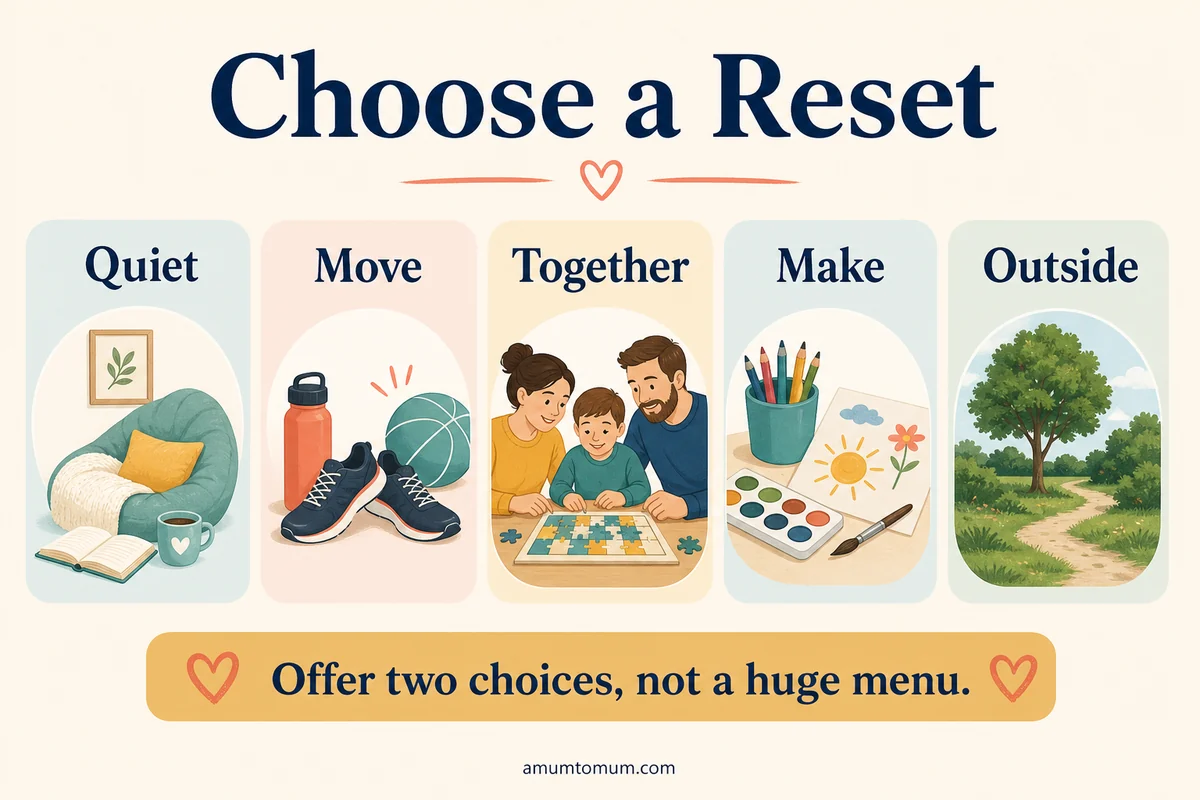 After-school reset menu infographic with quiet, move, together, make and outside choices.