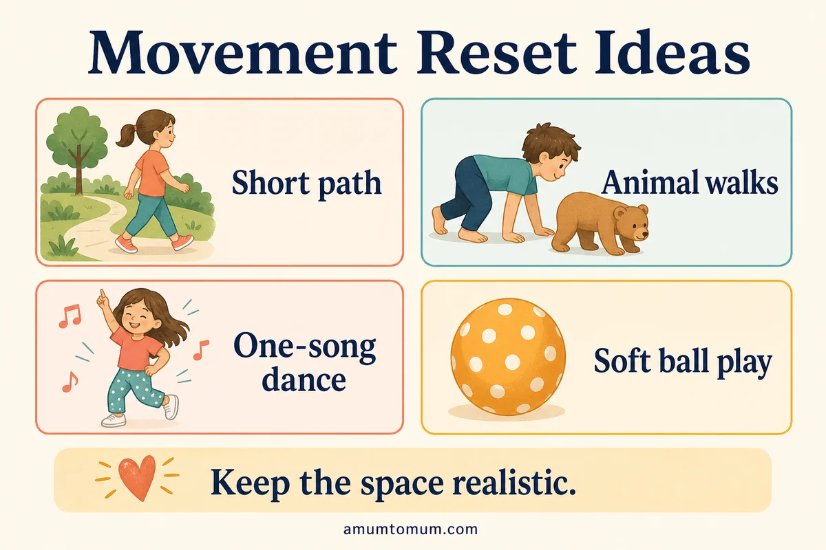 Infographic with simple after-school movement ideas including a short path, animal walks and soft ball play.