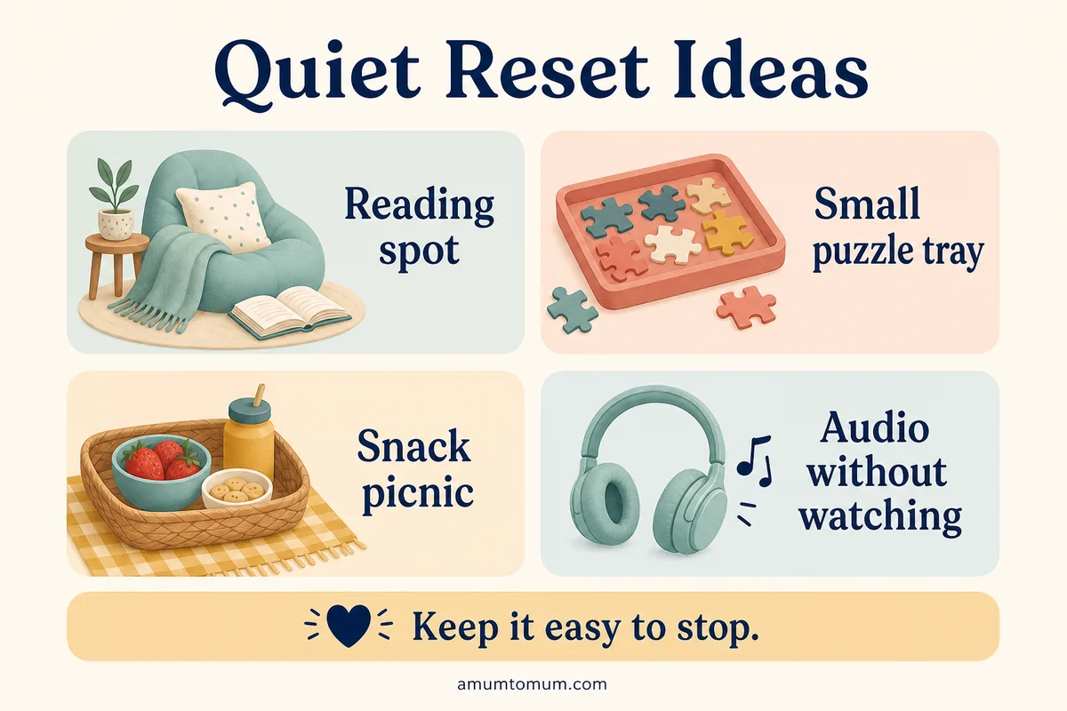 Infographic with quiet after-school reset ideas including reading, puzzle, snack picnic and audio.