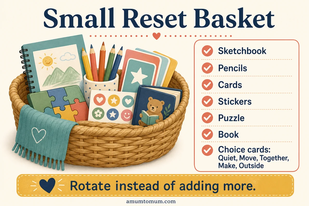 Infographic showing what to keep in a small after-school reset basket.