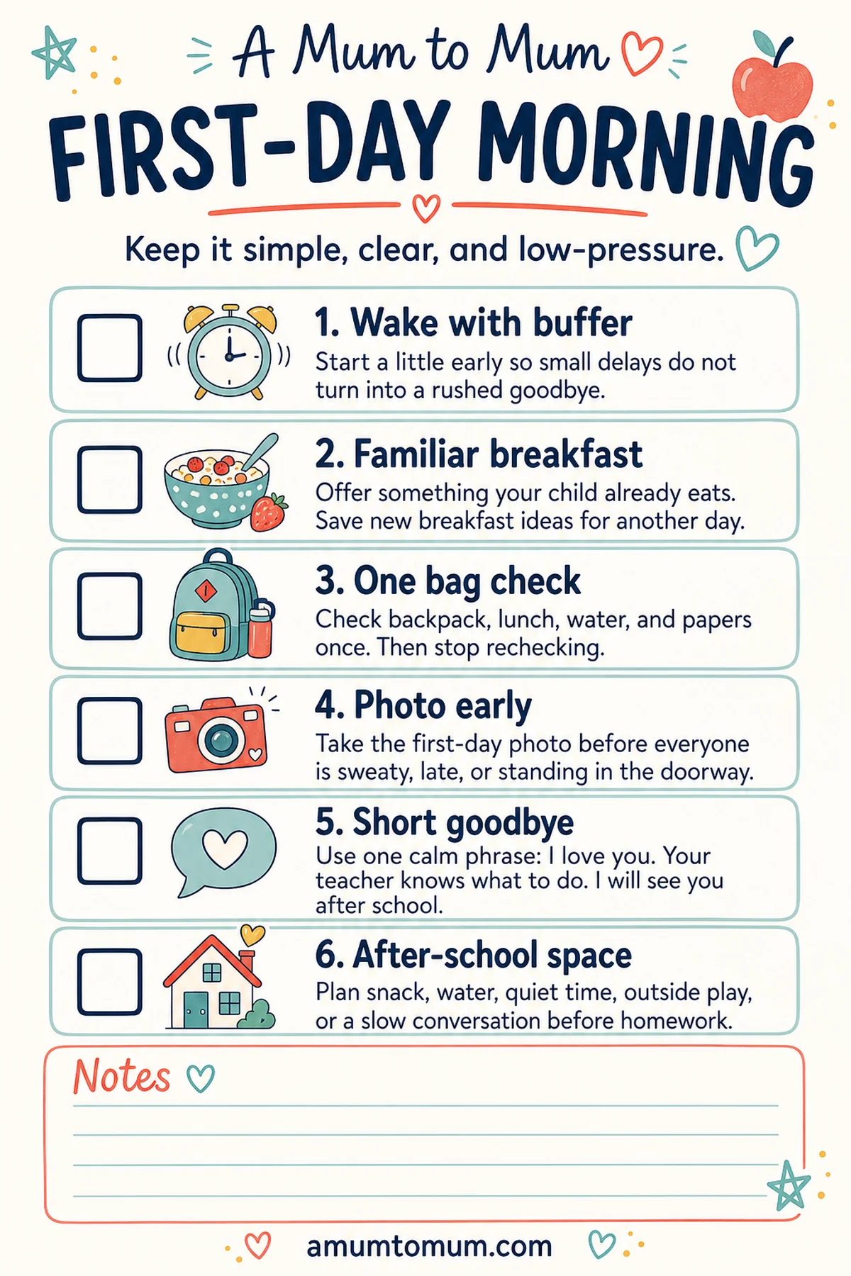 Things to Do Before School Starts: A Back-to-School Checklist for Parents 6 First-day morning printable checklist for parents.