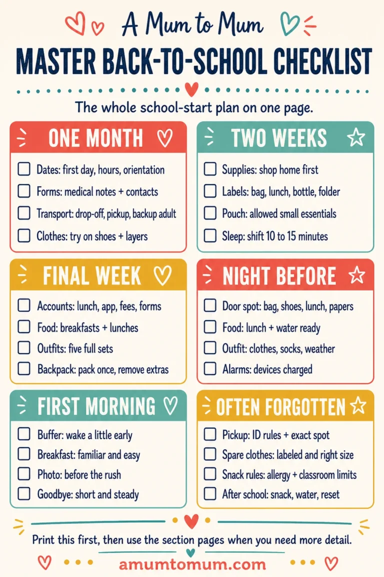 Things to Do Before School Starts: A Back-to-School Checklist for Parents 11 Master back-to-school checklist printable with timing sections for parents.