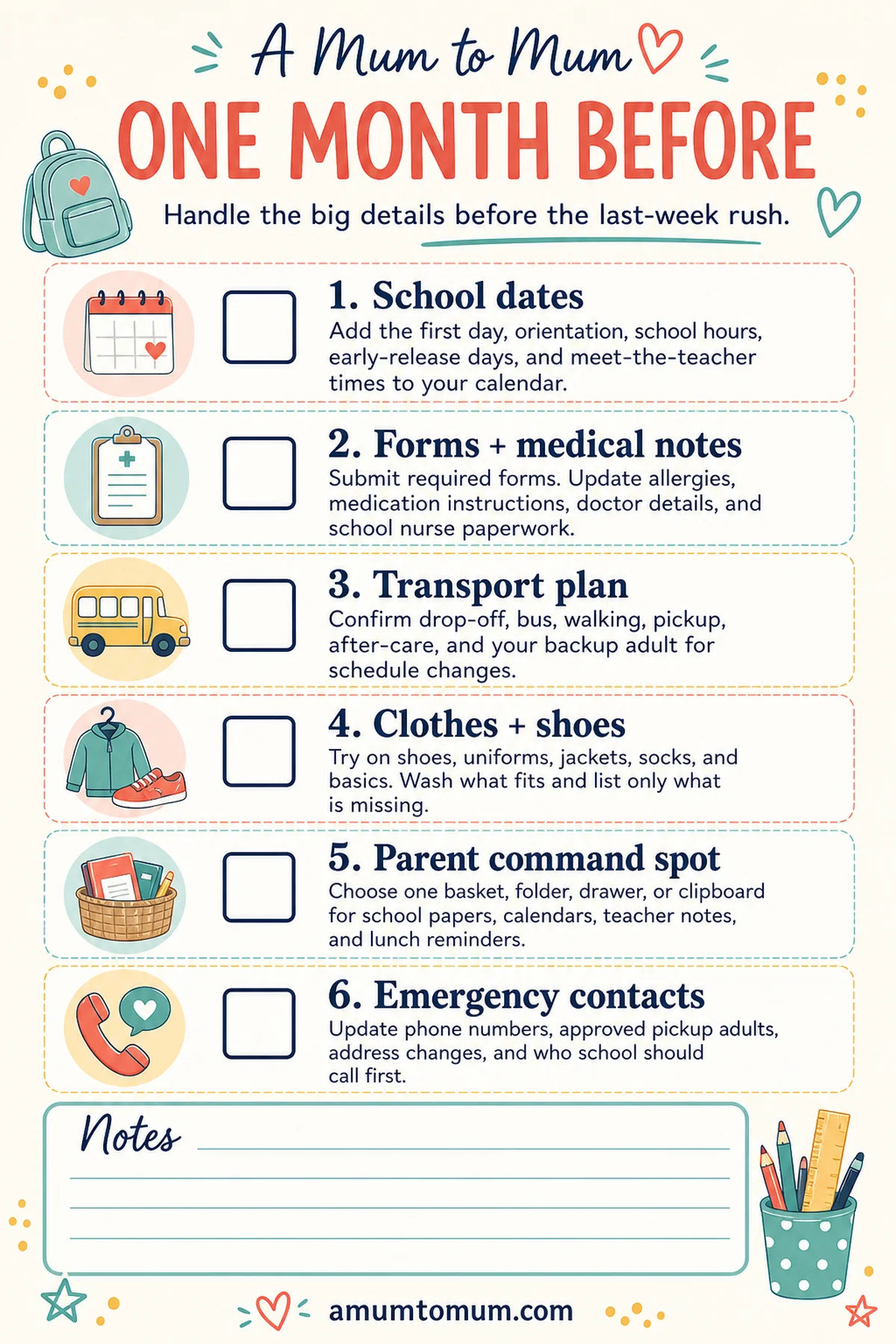 Things to Do Before School Starts: A Back-to-School Checklist for Parents 2 One month before school printable checklist for parents.