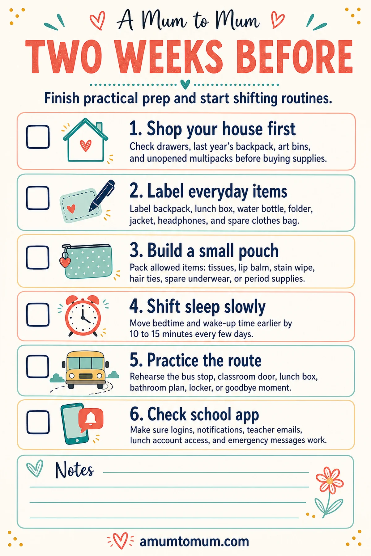 Things to Do Before School Starts: A Back-to-School Checklist for Parents 3 Two weeks before school printable checklist for parents.