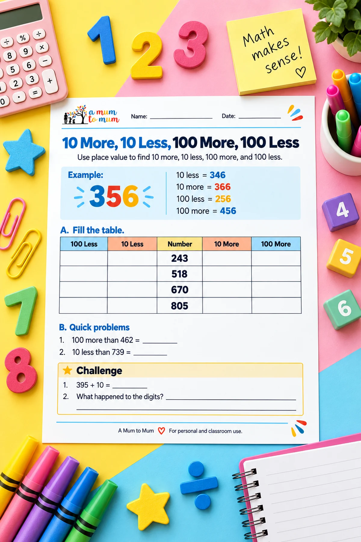 Place value worksheet for 10 and 100 more or less.