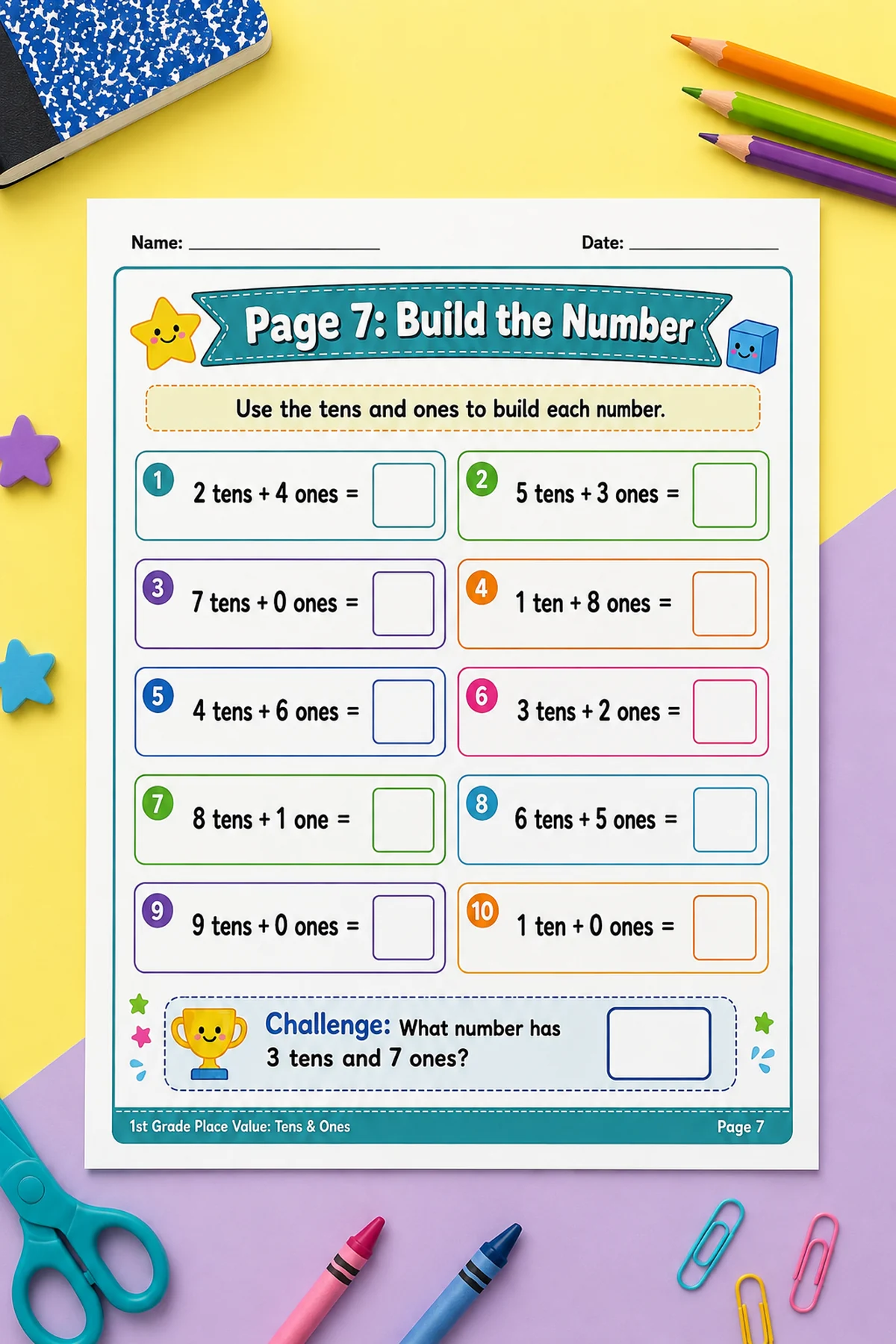 Free 1st Grade Place Value Worksheets – Tens and Ones 3 Tens and ones worksheet where children build two-digit numbers from place value parts.