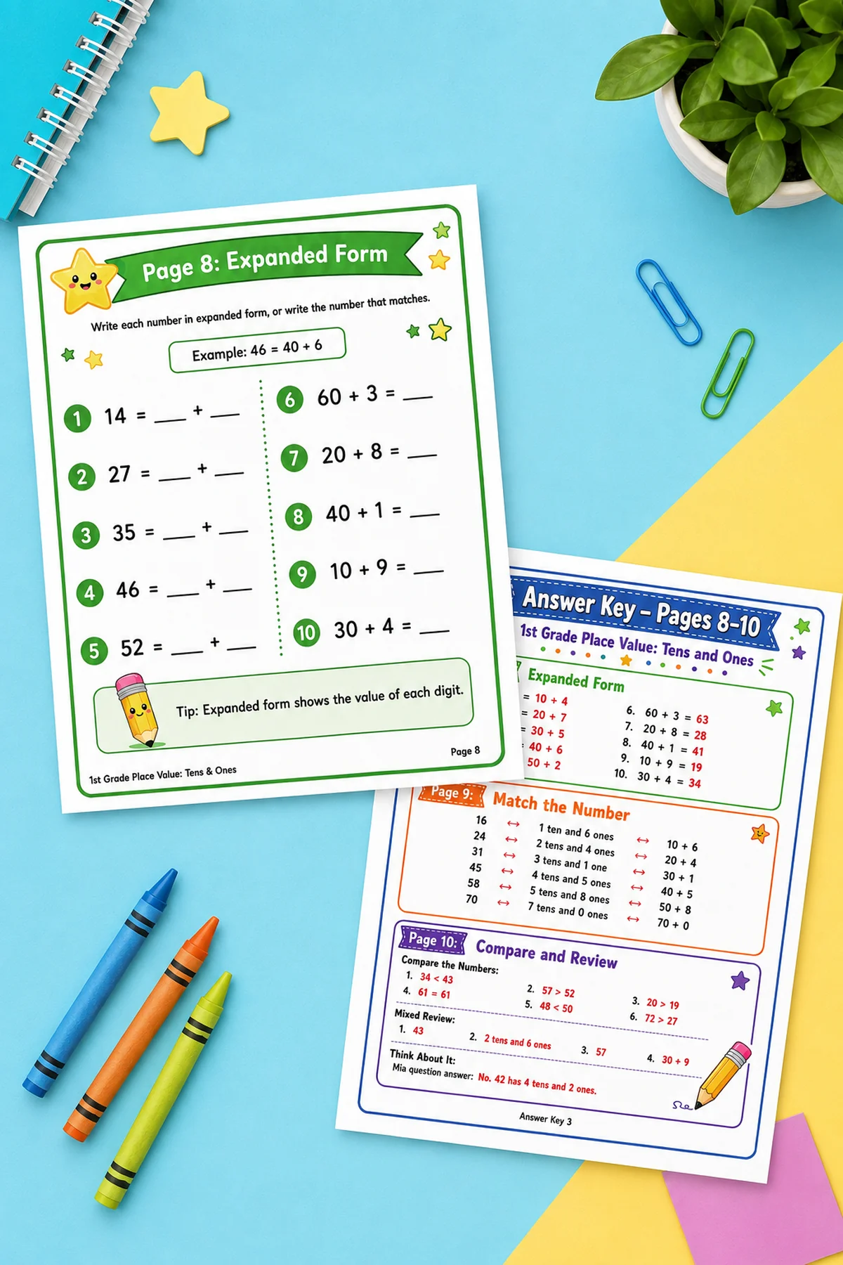 Free 1st Grade Place Value Worksheets – Tens and Ones 4 Preview of expanded form and answer key pages from the first grade place value worksheet pack.