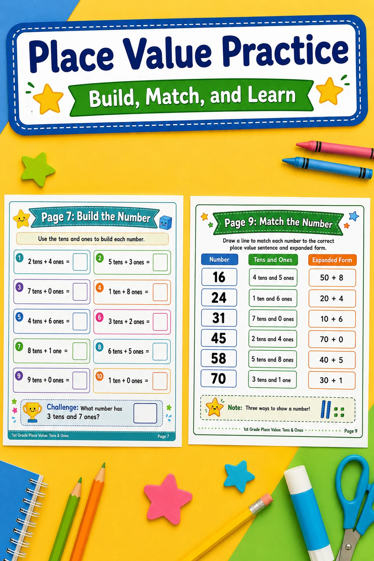 Free 1st Grade Place Value Worksheets – Tens and Ones 1 Free 1st grade place value worksheets with colorful tens and ones practice pages.