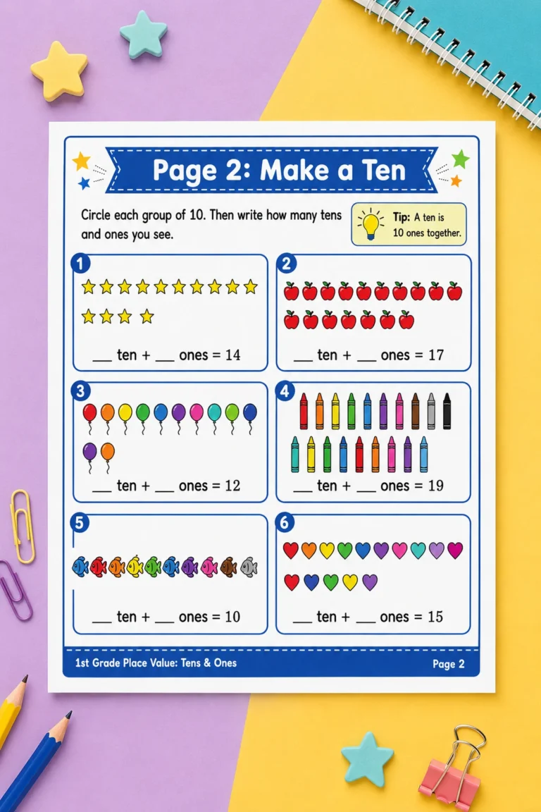First grade place value worksheet where children group objects into tens and ones.