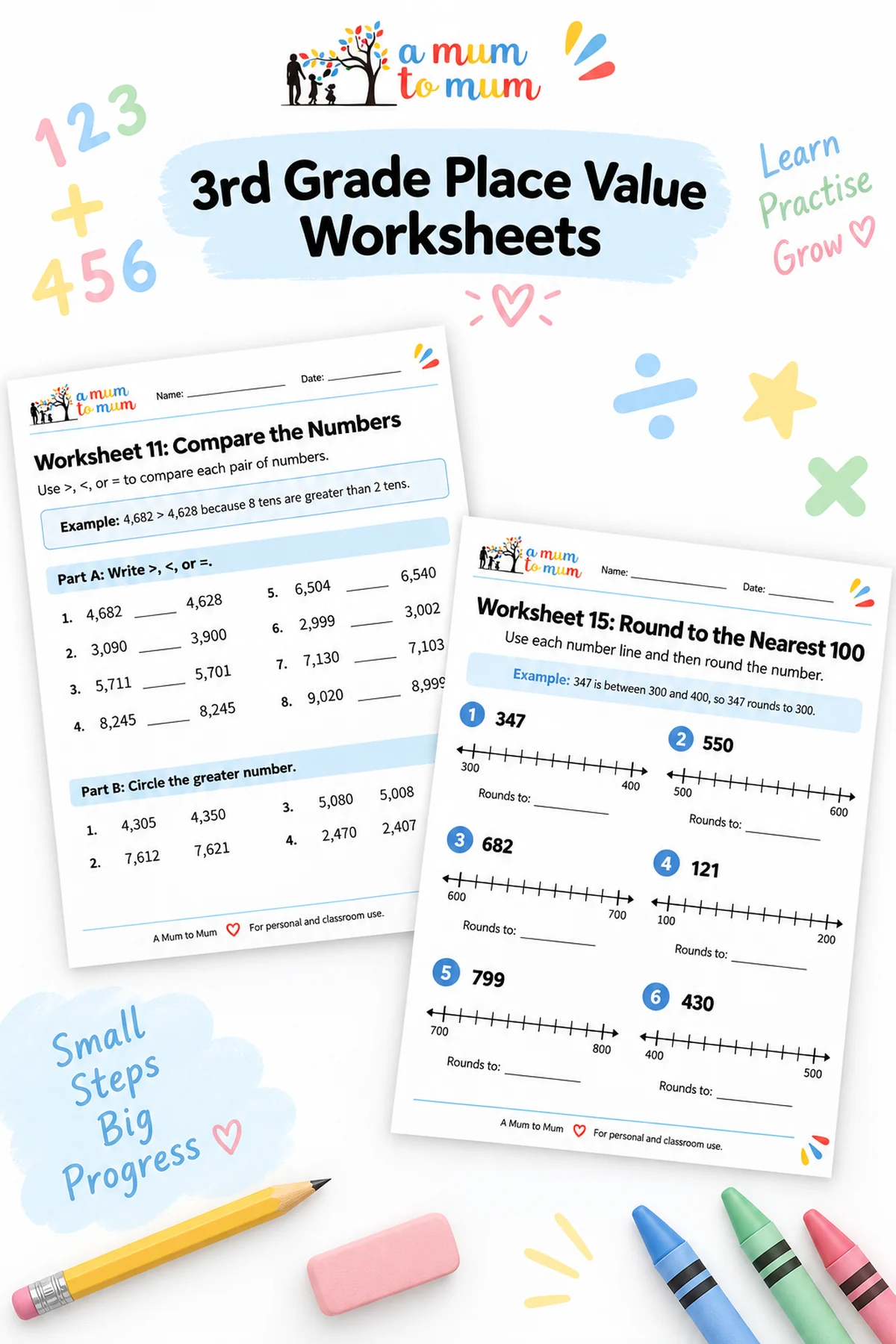 Free 3rd Grade Place Value Worksheets – 17 Printable Pages 4 Preview of comparing numbers and rounding to the nearest hundred worksheets.