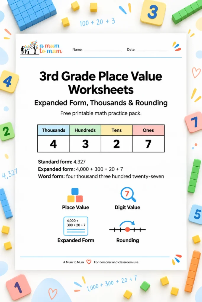 Free 3rd grade place value worksheets covering thousands, expanded form, comparing numbers, and rounding.