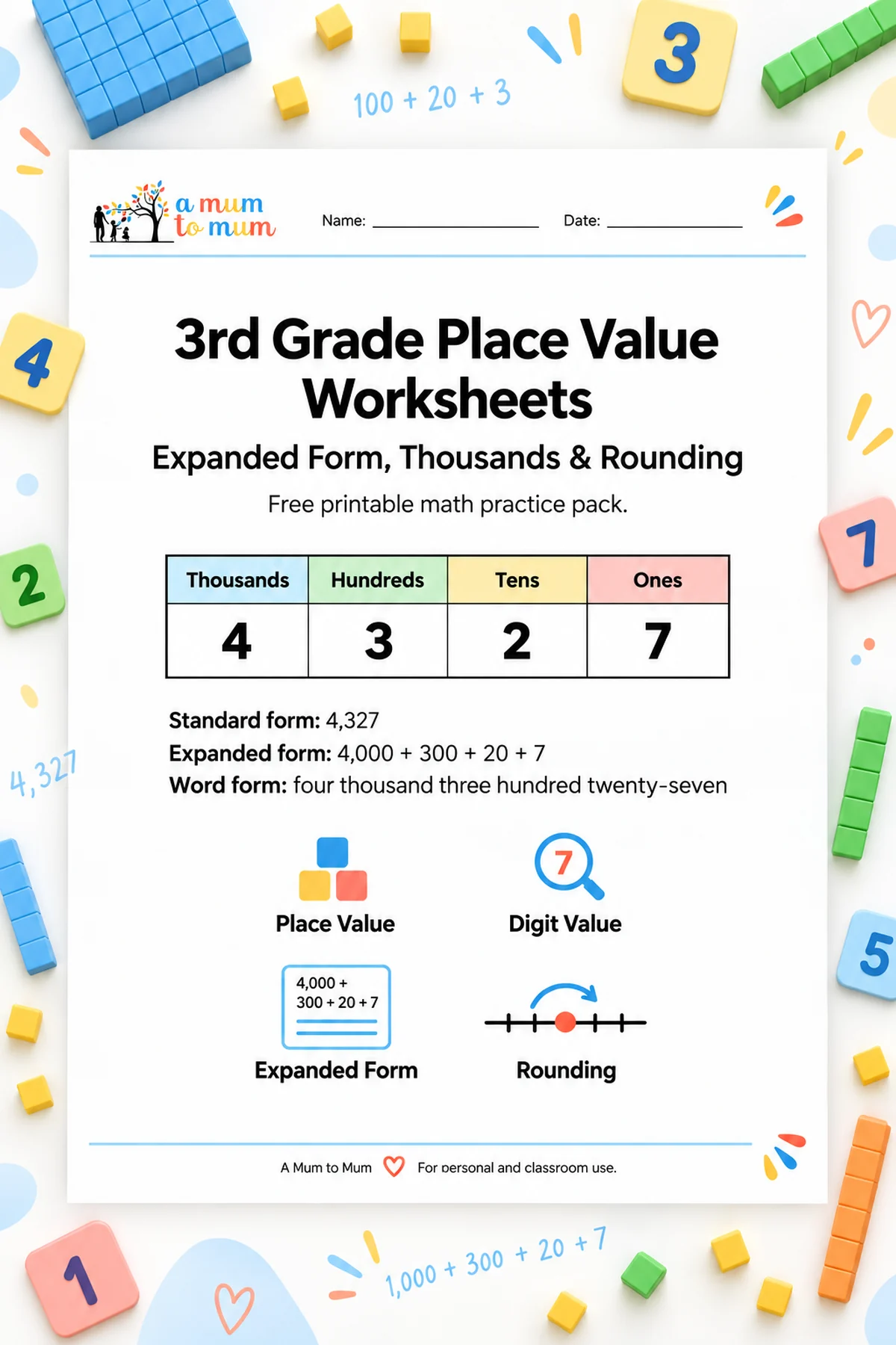 Free 3rd grade place value worksheets covering thousands, expanded form, comparing numbers, and rounding.