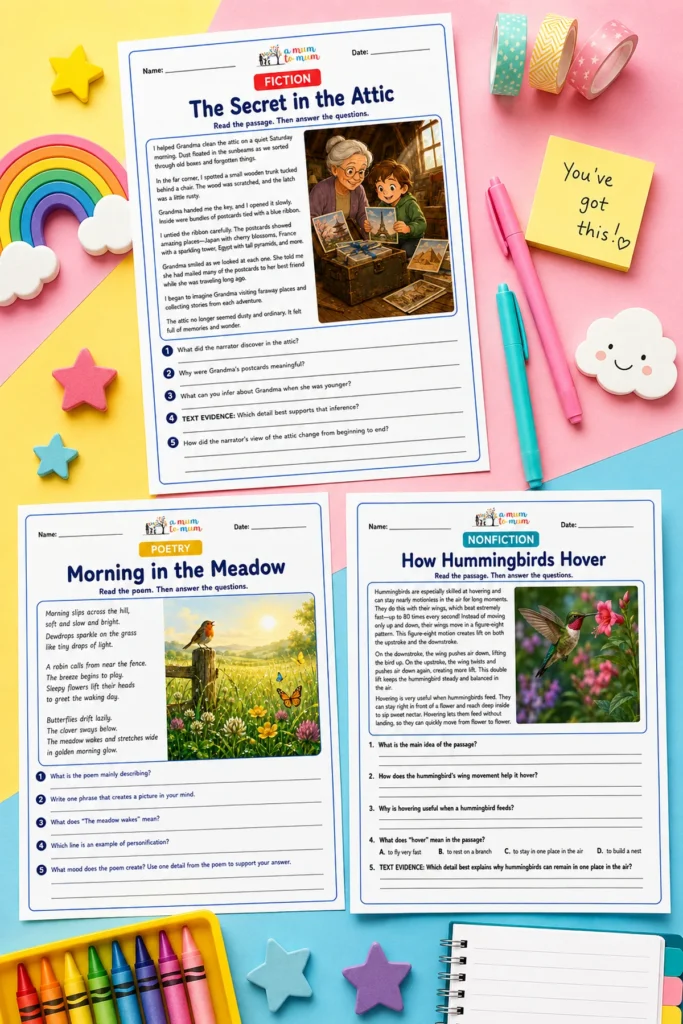 Free 3rd grade reading comprehension worksheets with fiction, nonfiction, and poetry passages.