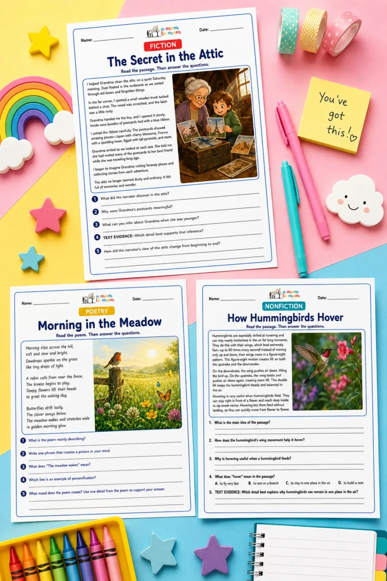 Free 3rd grade reading comprehension worksheets with fiction, nonfiction, and poetry passages.