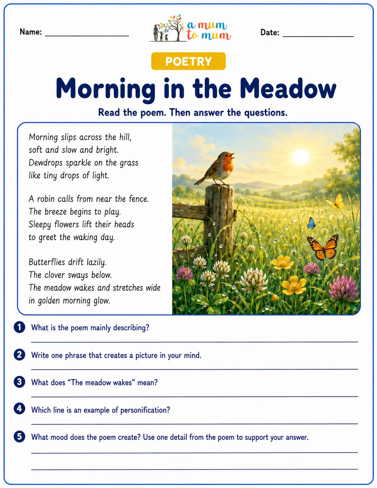 Free 3rd Grade Reading Comprehension Worksheets With Answer Key 3 Preview of a 3rd grade poetry reading comprehension worksheet with questions and answer space.