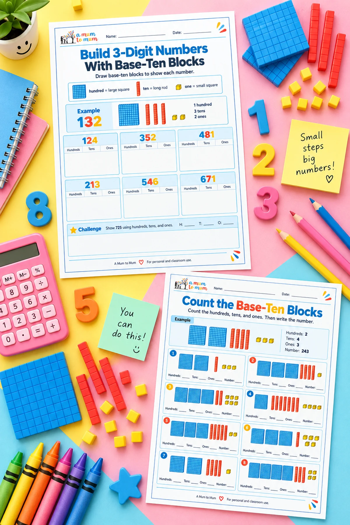 Base-ten blocks worksheet for building three-digit numbers.