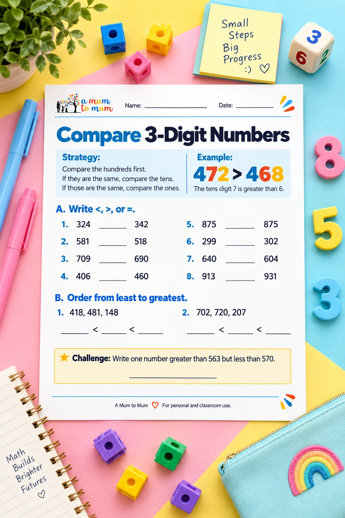 Worksheet for comparing three-digit numbers.